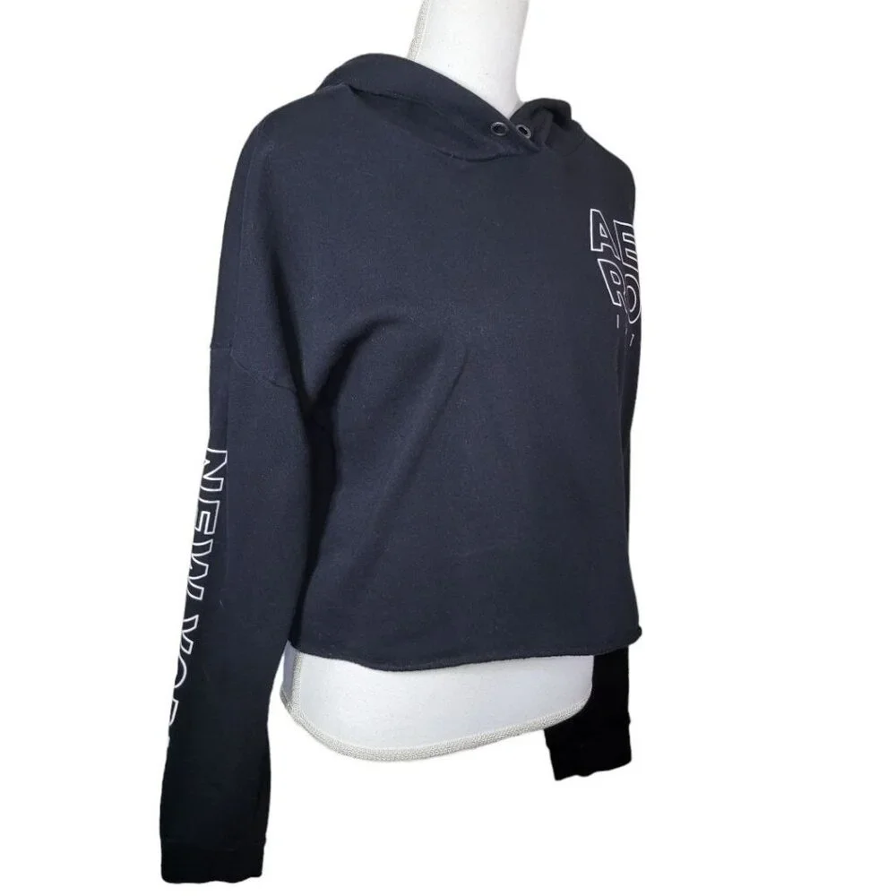 Aeropostale Sweatshirt Cropped‎ Raw Edge Hem Black Hoodie Womens Medium